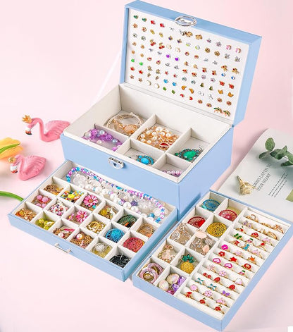 QBestry Earrings Jewelry Box for Girls, 5 Layers Jewelry Organizer with Earring Holder Organizer for Girls Earring Organizer Jewelry Boxes for Women Earrings and Necklaces Jewelry Box Organizer Blue