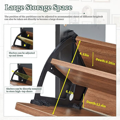 47" Fluted Large Shoe Cabinet with 4 Flip Drawers, Slim Freestanding Shoe Cabinet Organizer, Narrow Shoes Storage Rack for Entryway, 5 Sturdy Legs (Walnut with black, 9.45"D x 47.24"W x 35.83"H)