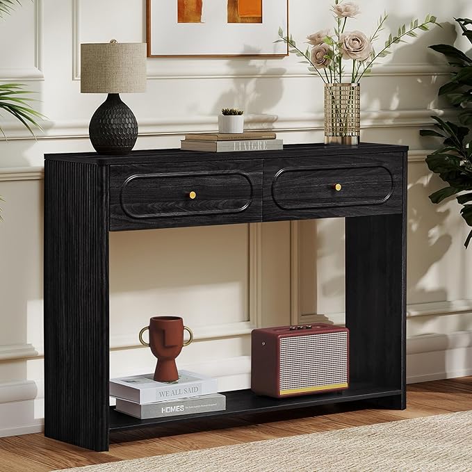 ORRD Fluted Console Table with Drawers, Mid-Century Narrow Entryway Table with Open Storage Shelves, Hallway Accent Tables Behind Couch Tables for Living Room (Black)