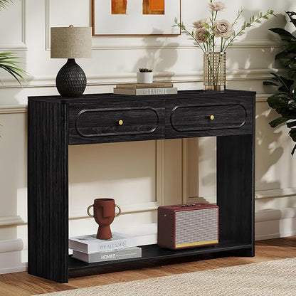 ORRD Fluted Console Table with Drawers, Mid-Century Narrow Entryway Table with Open Storage Shelves, Hallway Accent Tables Behind Couch Tables for Living Room (Black)