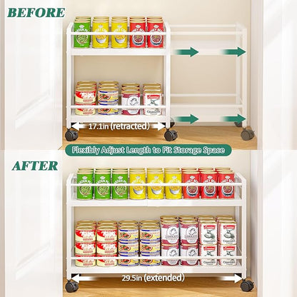 2 Pack 2-Tier Expandable Rolling Pantry Cart with Wheels, Adjustable Floor Organizer for Kitchen Pantry, Can Organizer for Pantry, Storage Cart for Snack, Food, Vegetables, White, Patent Pending