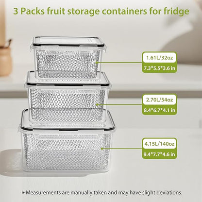 3 PCS Large Fruit storage Containers for Fridge - Leakproof Food Storage Containers with Stainless Steel Colander - Dishwasher safe Produce Containers Keep Fruits, Vegetables, Berry, Meat Fresh longer