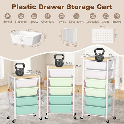Rolling Cart with Drawers, Rolling Storage Cart with Large Plastic Drawers & Wooden Tabletop, Utility Cart with Pegboards & Basket, Storage Drawers Cart for Living Room, Classroom, Bedroom, Office