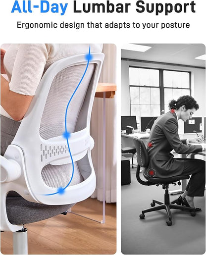 Ergonomic Mesh Office Chair for Home Office, Flip-Up Arms, Breathable Mesh Back & Thick Seat Cushion, Swivel Rolling Computer Desk Chair – BIFMA Certified, Supports 300 lbs (White Frame/Gray Seat)