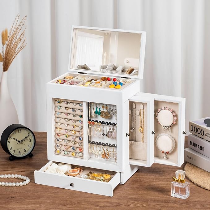 Honiway Jewelry Box for Women, 5 Layer Rustic Wooden Jewelry Organizer with Glass Window, 4 Drawers, Mirror, Large Jewelry Storage Display for Earrings Rings Necklaces Bracelets (Weathered White)