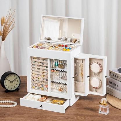 Honiway Jewelry Box for Women, 5 Layer Rustic Wooden Jewelry Organizer with Glass Window, 4 Drawers, Mirror, Large Jewelry Storage Display for Earrings Rings Necklaces Bracelets (Weathered White)