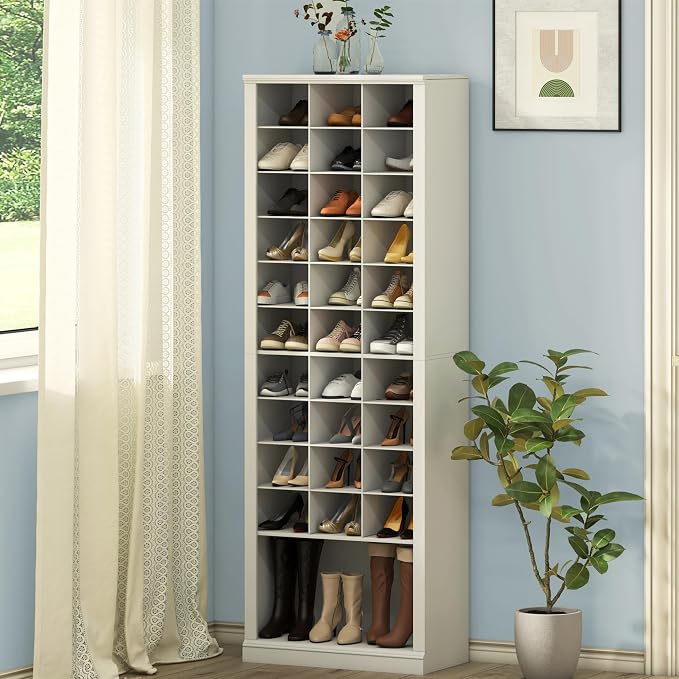 Hzuaneri 11 Tiers Shoe Storage Cabinet, Tall Shoes Cabinet with Cubby, Freestanding Wooden Shoe Organizer, 30-33 Pairs, Shoes Cubby Organizer for Entryway, Bedroom, White 02001BSR