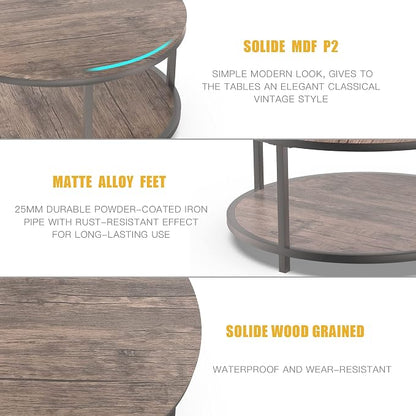NSdirect Round Coffee Table, 36” Coffee Table for Living Room, 2-Tier Wood Desktop & Sturdy Metal Legs Table Home Furniture with Storage Shelf (Walnut)