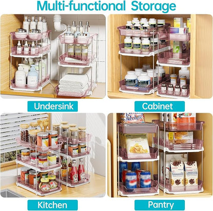 Delamu 2 Pack 3-Tier Bathroom Under Sink Organizers and Storage, Multi-Purpose Stackable Pantry Organization and Storage, Pull Out Clear Kitchen Bathroom Cabinet Organizer with Movable Dividers, Pink