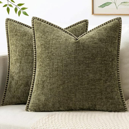 MIULEE Pack of 2 Couch Throw Pillow Covers 18x18 Inch Olive Green Farmhouse Decorative Pillow Covers with Stitched Edge Soft Chenille Solid Dyed Pillow Covers for Sofa Bed Living Room