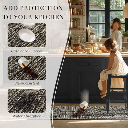 Kitchen Rugs Sets of 2-Non Slip Kitchen Mats for Floor-Thick Stain Resistant Vintage Kitchen Floor Mat Runner Carpet for Hallways Entryway Laundry Room Washable（Black 20"x47"+20"x32"）