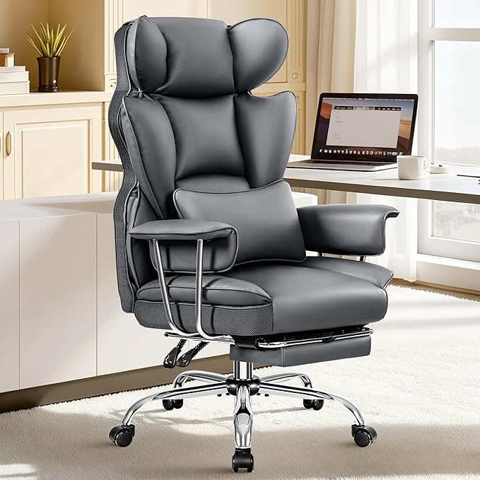 Office Chair Comfy, Big and Tall Executive Leather Chair, High Back Ergonomic Wide Chair with Footrest, Reclining Computer Desk Chair, Heavy Duty Gaming Chair with Padded Arm and Pillow, Grey