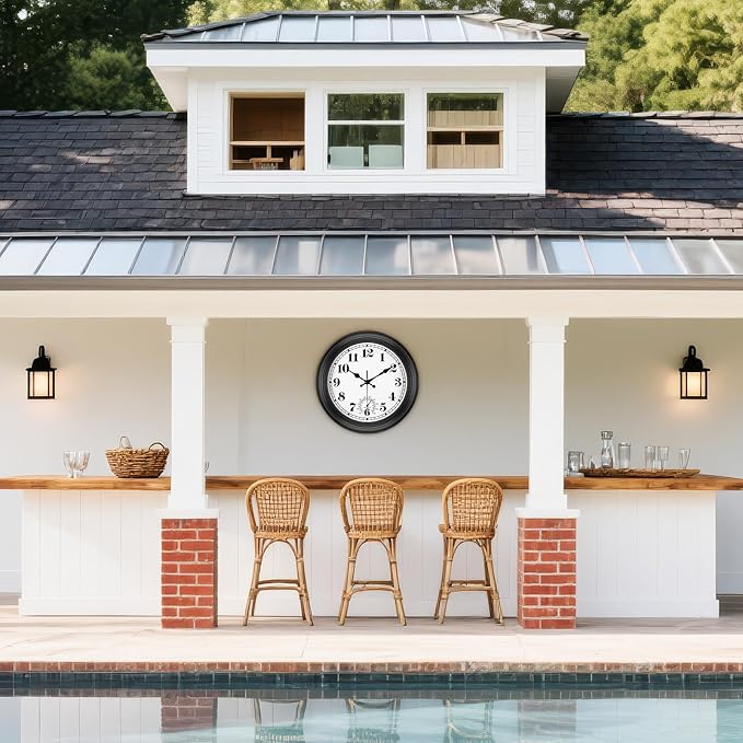 12 Inch Outdoor Clock with Thermometer - Waterproof Outdoor Clocks, Silent Non-Ticking Large Decorative Patio Clock for Garden, Porch, Pool, Backyard, Weather Resistant Wall Clocks(12inch Black)