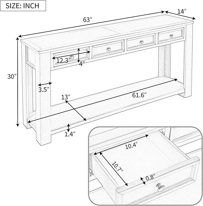 Console Table Hallway Sofa Entryway Side Table 63" Long Furniture with 4 Drawers and Bottom Shelf for Living Room Home Decor (Gray Wash)