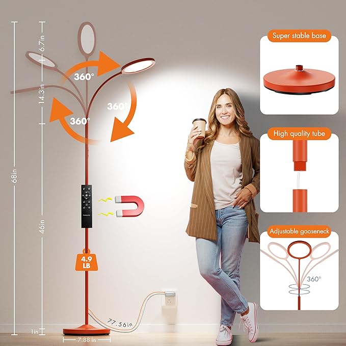 luckystyle Orange Floor Lamp,Super Bright Dimmable LED Lamps for Living Room, Custom Color Temperature Standing Lamp with Remote Push Button, Adjustable Gooseneck Reading Floor Lamp for Bedroom Office
