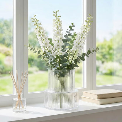 Ribbed Glass Vase, Flower Vase, Fluted Clear Vases for Flowers, Modern Vases for Living Room, Dining Table, Entryway, Shelf, Wedding, Office, Coffee Table, Birthday, 7.5 Inches