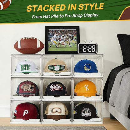 Vtopmart 2 Pack Hat Organizer for Baseball Caps, Clear Hats Holder Box with Drawer, Large Cap Storage with Sliding Tray, Stackable Rack Display Case with Magnetic Door, Each Holds 12 Hats