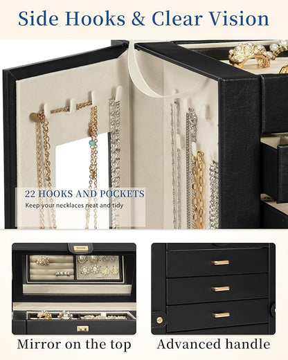 AKOZLIN Jewelry Box 6-Tier Organizer Functional 360° Rotating Jewelry Storage Case for Women Girls Ring Necklace Earring Bracelet Holder with Mirror