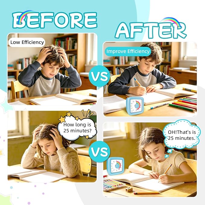 Kids Visual Timer, 60-Minute Silent Timer Countdown Clock with Rainbow Design, Plastic Mini Time Management Tool Timers for Classroom Kitchen Cooking Homework, Sensory Support&Focus Aid, Blue