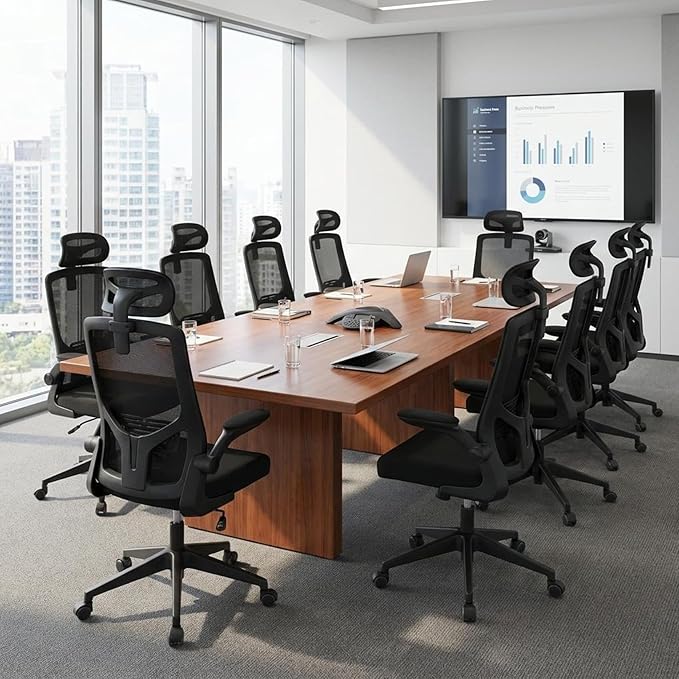 Office Computer Desk Chair, High Back Mesh Home Office Conference Room Chairs with Adjustable Headrest, Flip-Up Arms, Comfortable Lumbar Support, Black (Set of 4)