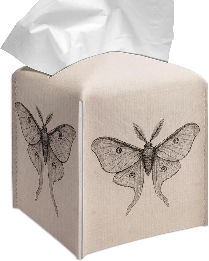 Grace Yonks Minimal Tissue Box Cover Square - Vintage Moth Study Design 5.2" PU Leather Holder for Vanity, Desk, or Bathroom Counter - Cube Case for Facial Tissues. (118)