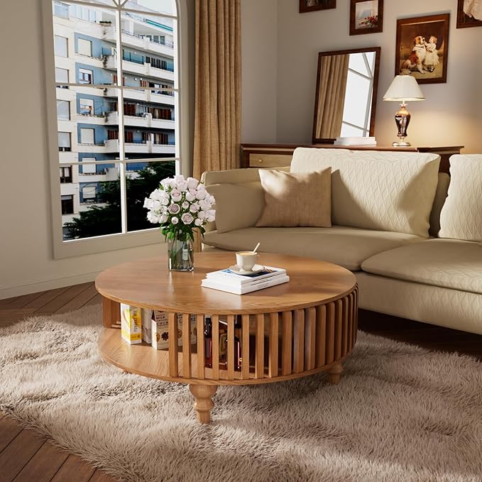 2-Tier Round Coffee Table 30.7" Round Coffee Table with Storage Mid-Century Modern Circle Accent Center Table Farmhouse Low Cocktail Tea Furniture for Living Room Small Spaces (30.7" Round)