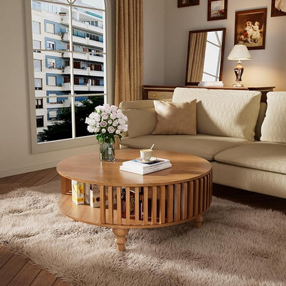 2-Tier Round Coffee Table 30.7" Round Coffee Table with Storage Mid-Century Modern Circle Accent Center Table Farmhouse Low Cocktail Tea Furniture for Living Room Small Spaces (30.7" Round)