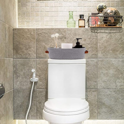 Cotton Rope Small Woven Toilet Paper Room Storage Basket with Handles for Bathroom, 13"x5.9"x4" Gary