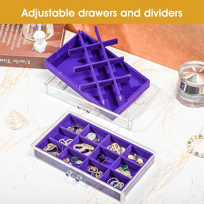 ProCase Earring Holder Organizer Jewelry Box with 5 Drawers, Acrylic Clear Earring Case with Adjustable Velvet Trays for Women - Purple, 5 Layers