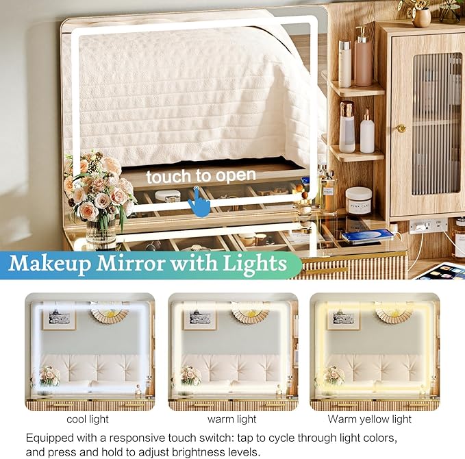 Vanity Desk with 29.53" HD Lighted Mirror, 47.24" Big Modern Vanity Desk with Mirror and Lights, Makeup Vanity with 5 Drawers and Storage Shelves and Charging Station, Oak2
