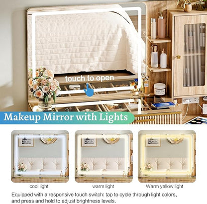 Vanity Desk with 29.53" HD Lighted Mirror, 47.24" Big Modern Vanity Desk with Mirror and Lights, Makeup Vanity with 5 Drawers and Storage Shelves and Charging Station, Oak2