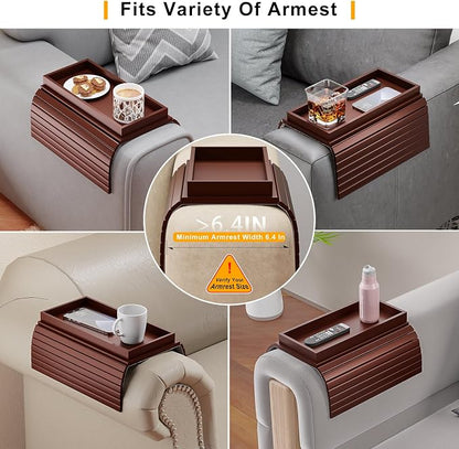 Bestjing Bamboo Sofa Armrest Tray Table for Couch - 2-in-1 Foldable Couch Arm Table with Be Slide Detachable Tray- Anti-Slip Sofa Armchair Caddy for Drinks Cellphone TV Remote Snacks(Walnut)