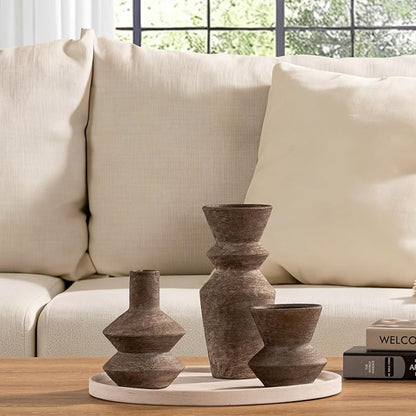 Ceramic Vase Home Table Decor - Brown Flower Vase Set of 3 Living Room Kitchen Decorations Farmhouse Modern Rustic Vases Decorative Centerpiece for Shelf Bedroom Office Bathroom Dining Coffee Desk