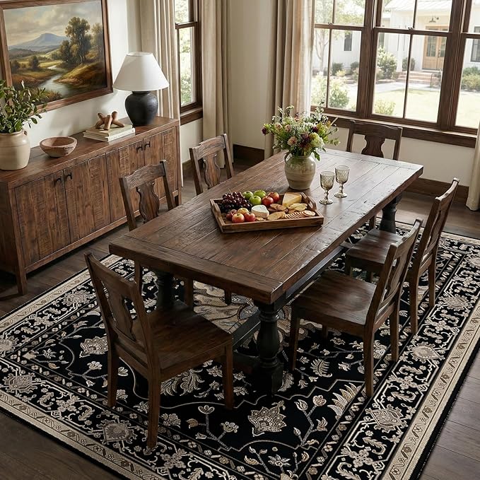RELEANY Area Rugs Large 10'x12' Washable Non-Slip, Floral Vintage Distress Medallion Carpet for Living Room Bedroom Dining Room, Black Brown Neutral Dark Tan