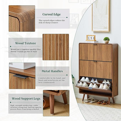 Narrow Shoe Cabinet Storage for Entryway,Slim Shoe Cabinet with 3 Flip Drawers, Fluted Shoes Rack Organizer (All Walnut, 3 Drawers)