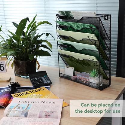 6-Tier Mesh Wall File Holder Organizer with Bottom Flat Tray, Vertical Hanging File Organizer, Office Hanging File Folder Magazine Rack, Nametag Label Hooks Set Included, Black