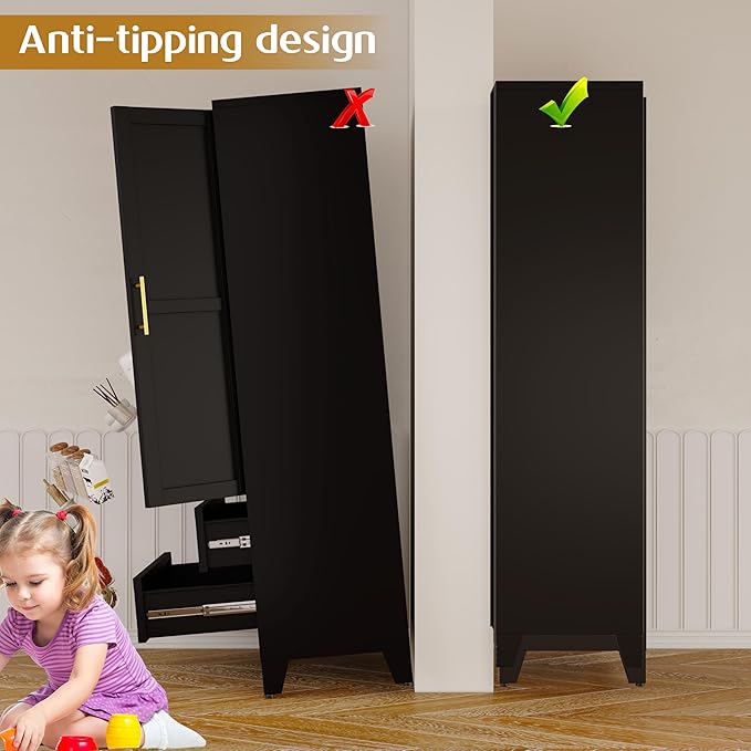 Steel Pantry Cabinet, 71" Metal Storage Cabinets with 2 Doors, 2 Adjustable Shelf and 2 Drawers, Freestanding Storage Cabinet for Bedroom, Kitchen, Home Office (Black)