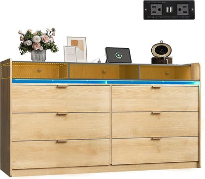 WLIVE 9 Drawer Led Dresser for Bedroom, 58" Wide Wood Dresser Storage Organizer with Charging Station for 65" TV, Dressers with Open Shelves, Chest of Drawers for Closet, Living Room, Light Oak