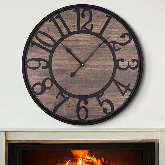 LEIKE Large Wall Clock,Silent,Non Ticking,Battery Operated Round Modern Big Wood Wall Clocks for Living Room, Bedroom,Kitchen,Farmhouse,Office,Rustic Home Decor-16 Inch/40CM-Black-Arabic Number