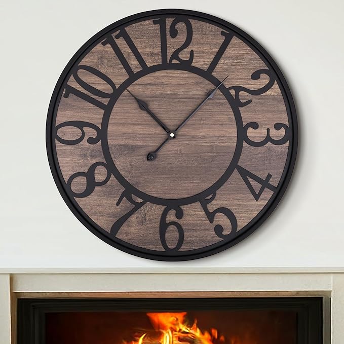 LEIKE Large Wall Clocks for Living Room,Non Ticking Silent,Battery Operated Big Round Modern Wood Wall Clock for Bedroom,Farmhouse,Office,Vintage Home Decor-24 Inch/60CM-Black-Arabic Number