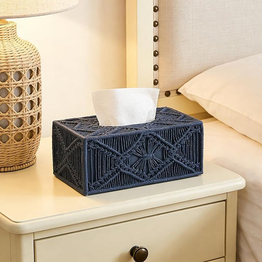 Woven Macrame Boho Tissue Box Cover Rectangular for Home Decor,Resin Heavy Woven Tissue Box Holder for Bathroom Kitchen Countertop,Bedroom, Vanity, Night Stand, Office, Waterproof Durable (Blue)