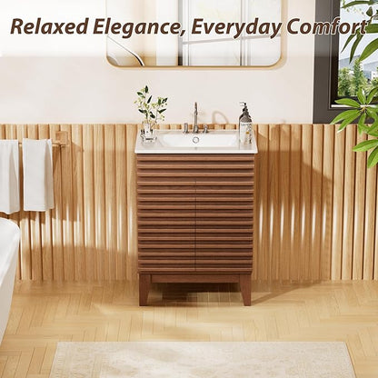 APRILSOUL 24" Bathroom Vanity with Ceramic Sink, Mid-Century Bathroom Vanity Cabinet with 2 Soft Closing Doors, Freestanding Bathroom Vanity, Particleboard Frame with Wood Grain Laminate, Walnut
