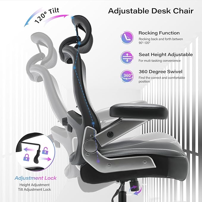 600lbs Big and Tall Office Chair- Heavy Duty Executive Computer Chair with 3D Flip Arms Large Wheels, Ergonomic Mesh High Back Desk Chair, Extra Wide Seat Adjustable Lumbar Support&Headrest