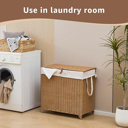 Laundry Hamper with Lid and Removable Liner Bag, Handwoven Rattan Clothes Hamper with Heightened Feet, Wicker Laundry Basket for Clothes and Towels，Large, 2-sections