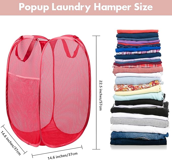 DUCOO Pop Up Laundry Hamper, 70L Collapsible Mesh Laundry Basket with Side Pocket, Foldable Dirty Clothes Hamper with Sturdy Reinforced Handles for Home Dorm Bedroom Travel Bathroom Storage, Red