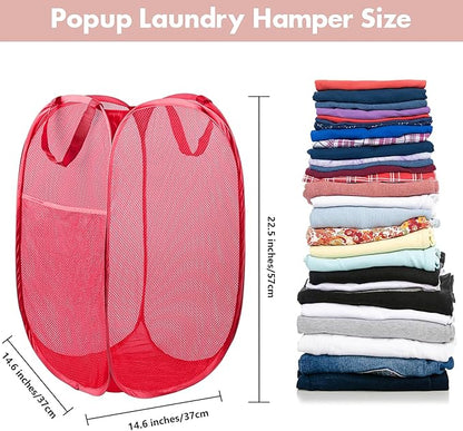 DUCOO Pop Up Laundry Hamper, 70L Collapsible Mesh Laundry Basket with Side Pocket, Foldable Dirty Clothes Hamper with Sturdy Reinforced Handles for Home Dorm Bedroom Travel Bathroom Storage, Red