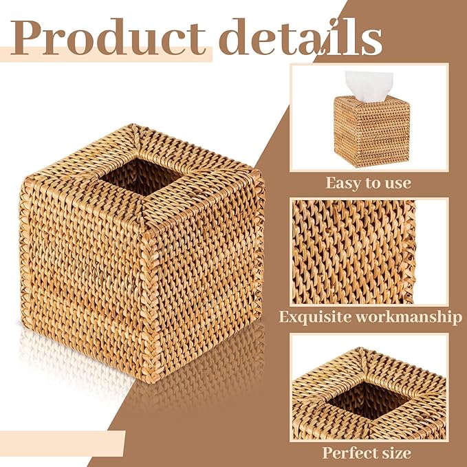 Kigley 1 Pcs Square Rattan Tissue Box Cover Boho Wicker Tissue Cube Box Cover 5.5'' x 5.5'' x 5.5'' Decorative Natural Wicker Hand Woven Napkin Box Holder Bathroom Office Car Accessories (Wood)