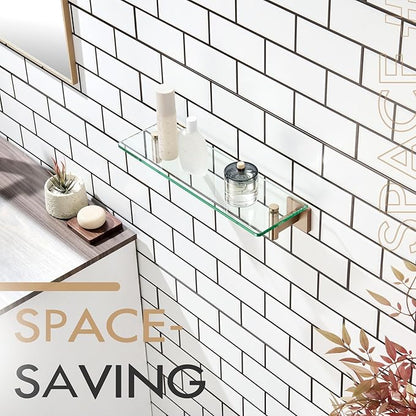 KOKOSIRI Wall Shelves Bathroom Hardware Glass Floating Shelf 16-Inch for Bedroom, Living Room, Kitchen, Hanging Rack Champagne Bronze B1105CPG-L16