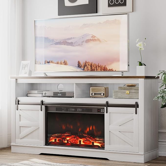 JUMMICO Fireplace TV Stand for 65+ Inch TV with 26'' Fireplace Entertainment Center with Storage Cabinet and Adjustable Shelves Media Console with Sliding Barn Door for Living Room (Milk White)