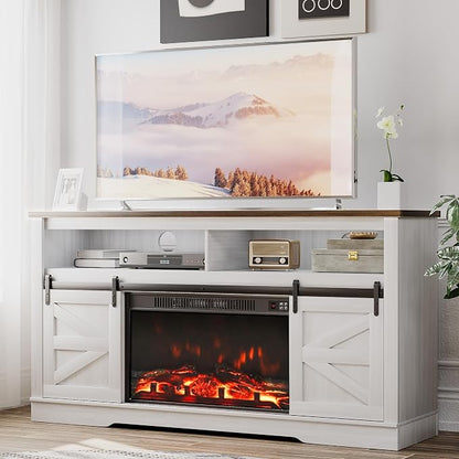 JUMMICO Fireplace TV Stand for 65+ Inch TV with 26'' Fireplace Entertainment Center with Storage Cabinet and Adjustable Shelves Media Console with Sliding Barn Door for Living Room (Milk White)